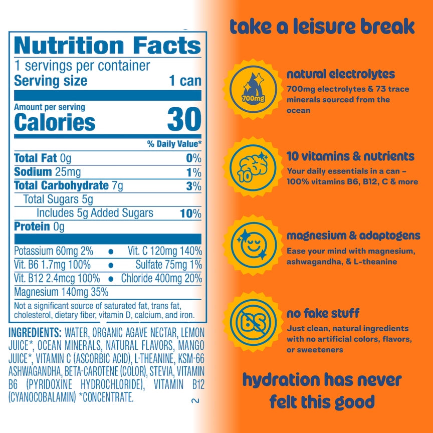 Leisure Tropical Mango Electrolyte Refresher – 16 oz, 12-Pack