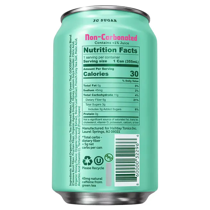 Halfday Green Prebiotic Iced Tea with Honey & Ginseng 12 oz 12 Pack