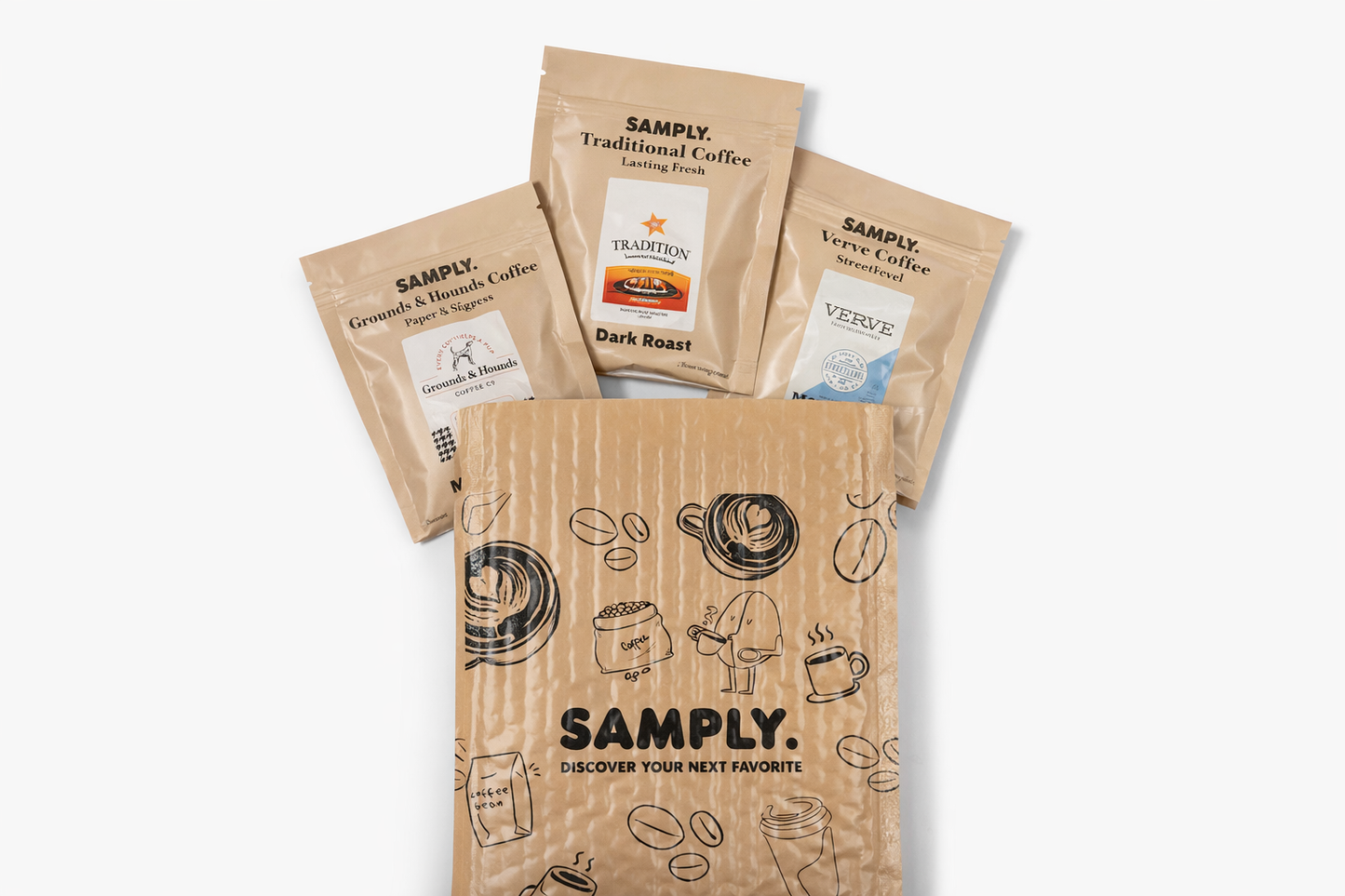 Collection of Sampley coffee packages on a white background